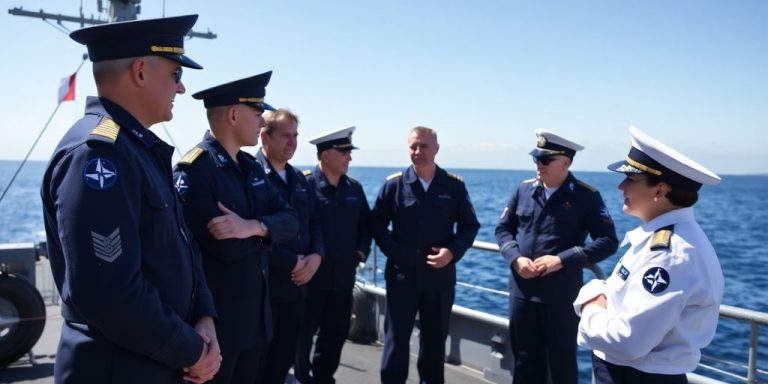 Naval officers discussing innovations on a warship's deck.