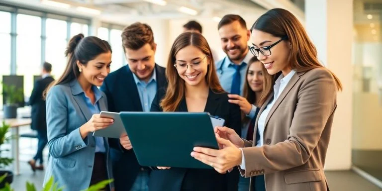 Diverse professionals collaborating with technology in a modern office.