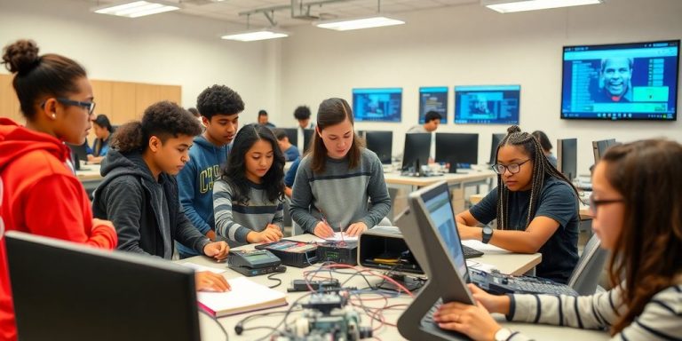 Students collaborating in a technology center learning environment.