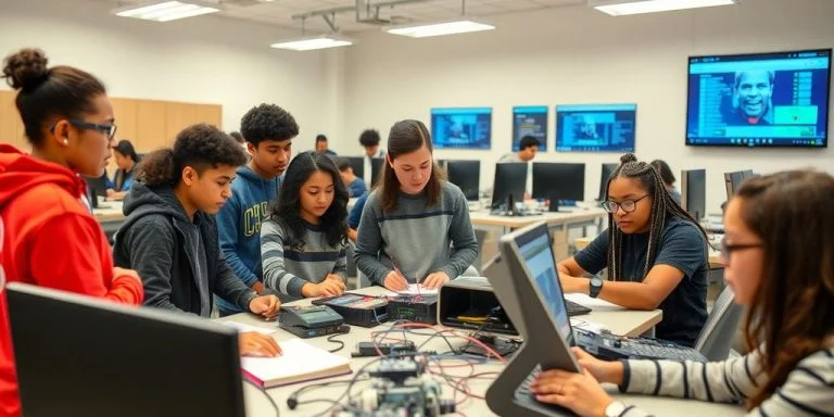 Students collaborating in a technology center learning environment.