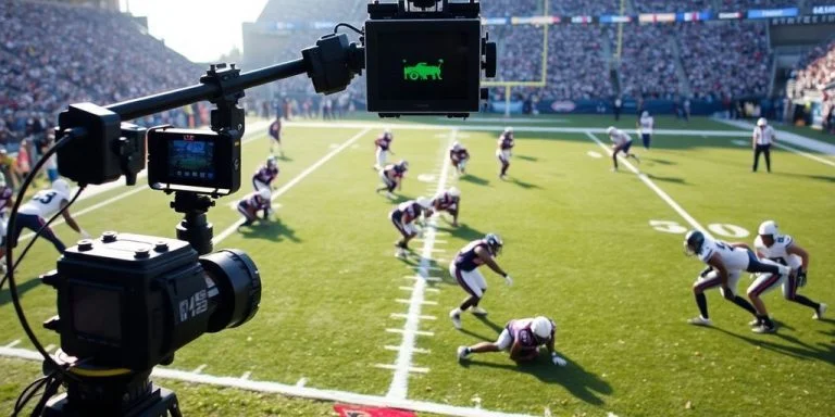 Football field with advanced camera technology measuring first downs.