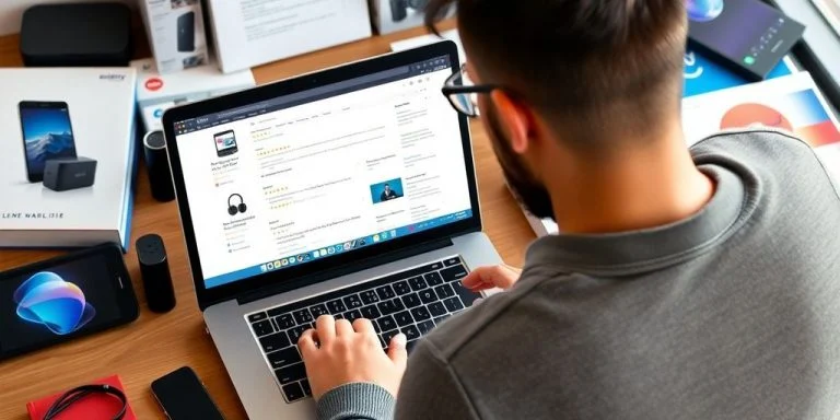 Person reading reviews on a laptop with products around.