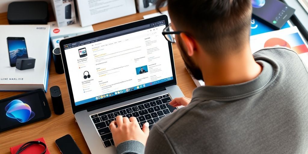 Person reading reviews on a laptop with products around.
