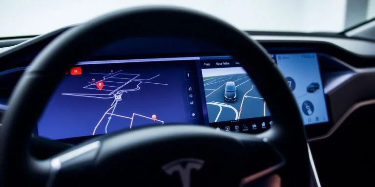 Tesla dashboard with digital interface and navigation display.