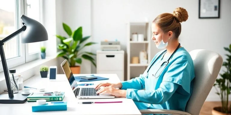 Nurse working from home in a bright office.