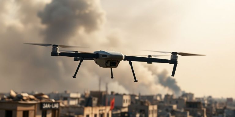 Drone over destroyed cityscape in Gaza.