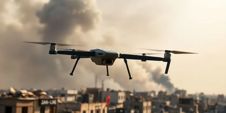 Drone over destroyed cityscape in Gaza.