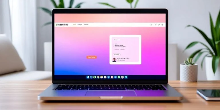 Sleek laptop displaying a vibrant website interface on desk.
