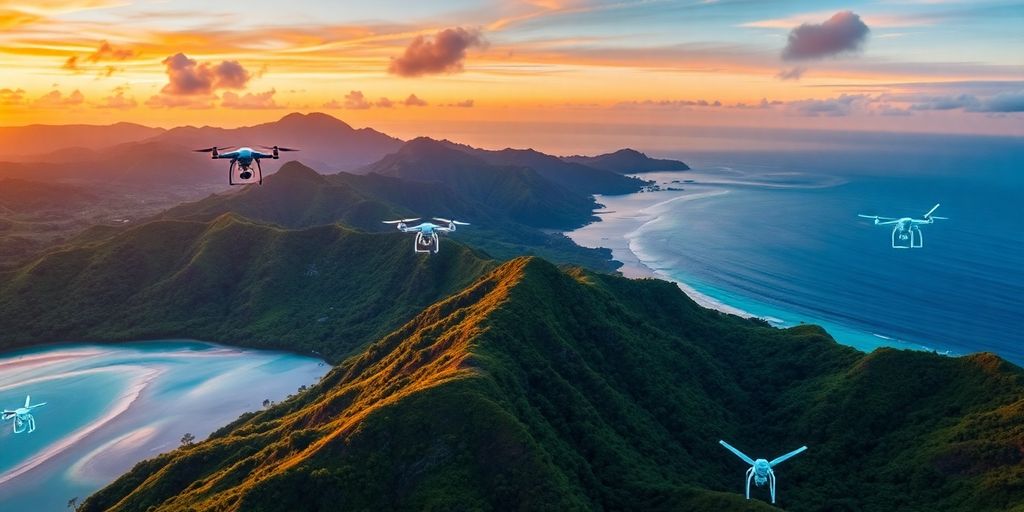 Aerial view of Hawaii with tech elements and sunset.