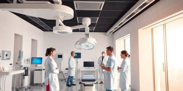 Modern clinic interior with advanced medical technology and staff.
