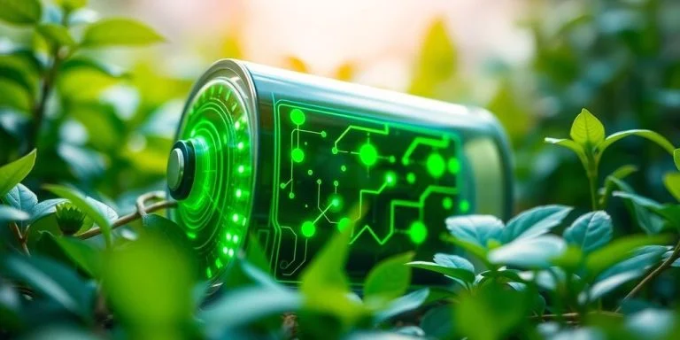 Innovative green battery technology among lush greenery.