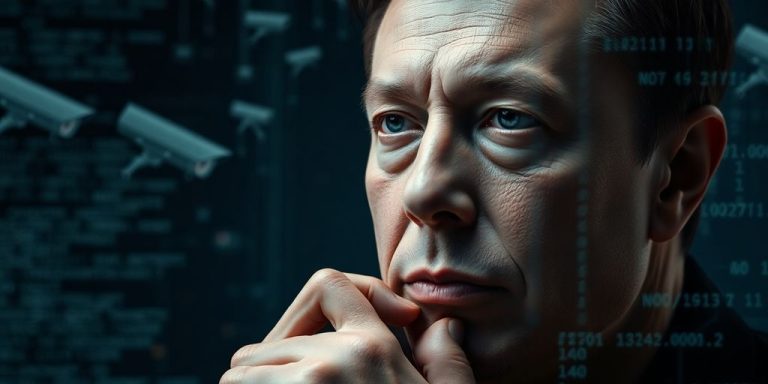 Elon Musk with digital code and surveillance imagery background.