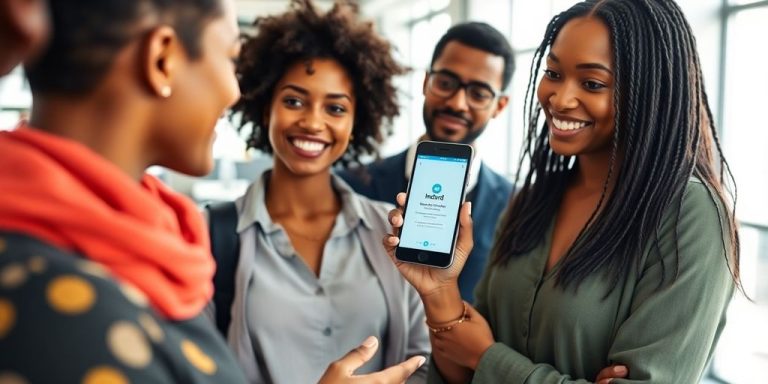 Group of job seekers discussing experiences in a modern office.