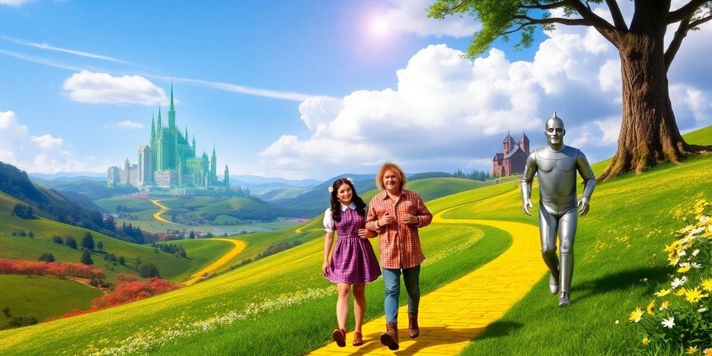 The Wizard of Oz characters on the yellow brick road.