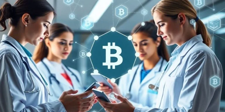 Healthcare professionals using digital devices with blockchain symbols.