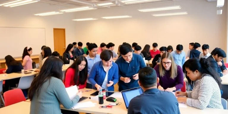 Students collaborating in a modern classroom at NYIT Manhattan.