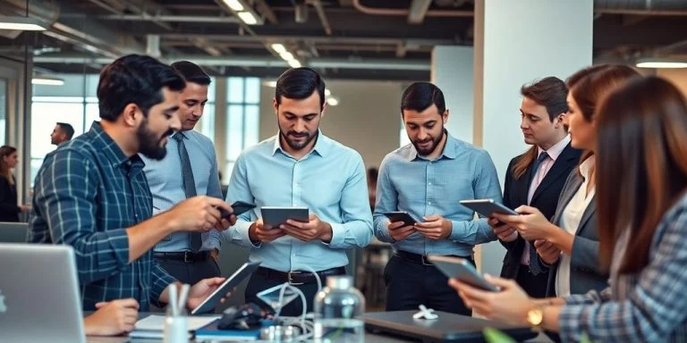 Diverse team collaborating in a tech-focused office setting.