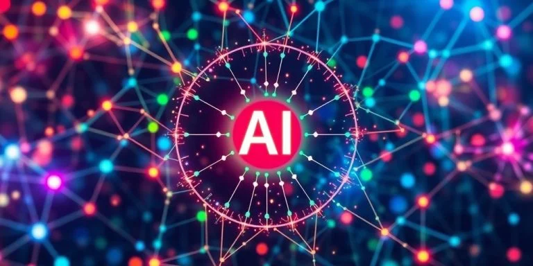 Abstract AI models with vibrant colors and neural patterns.