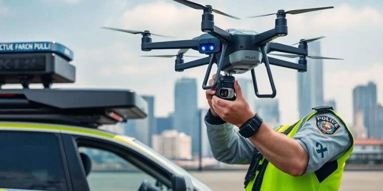 Police officer using drone technology for urban surveillance.