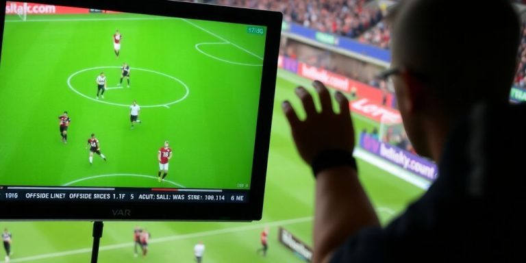 VAR monitor showing offside lines during a football match.
