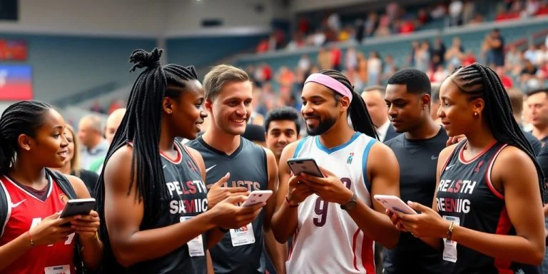 Diverse athletes engaging with fans at a sports event.
