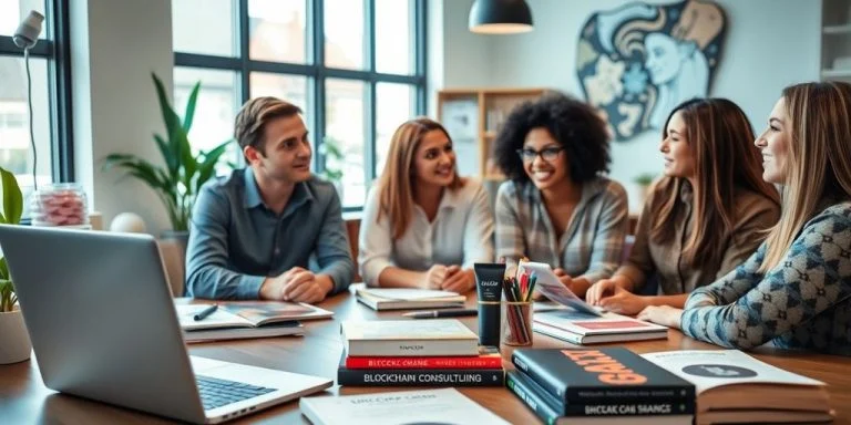 Diverse team collaborating in a modern blockchain consulting workspace.
