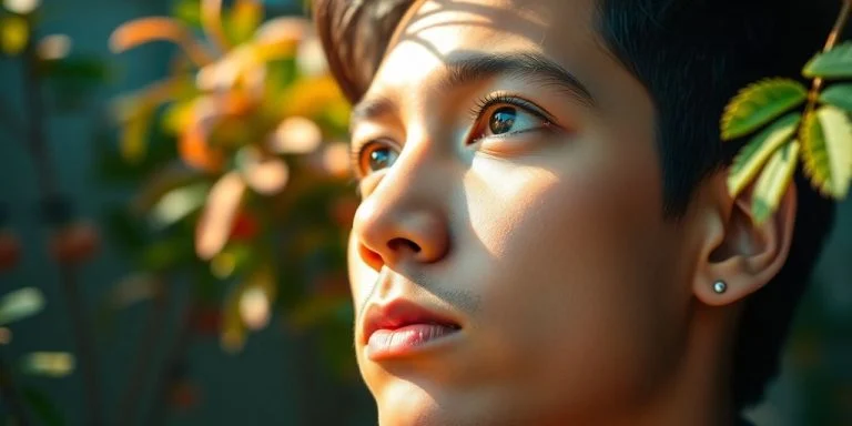 Person reflecting in a vibrant, inspiring environment.
