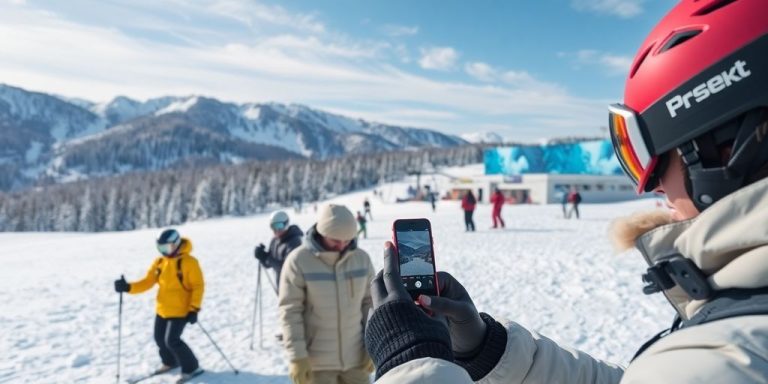 Skiers using technology in a snowy mountain landscape.