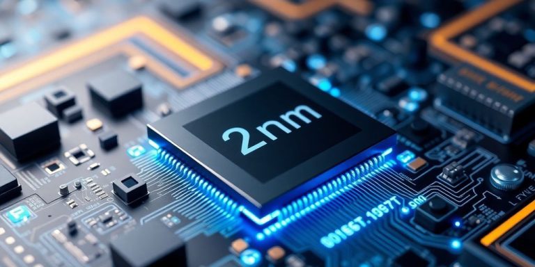 Close-up of a 2nm semiconductor chip on a circuit board.
