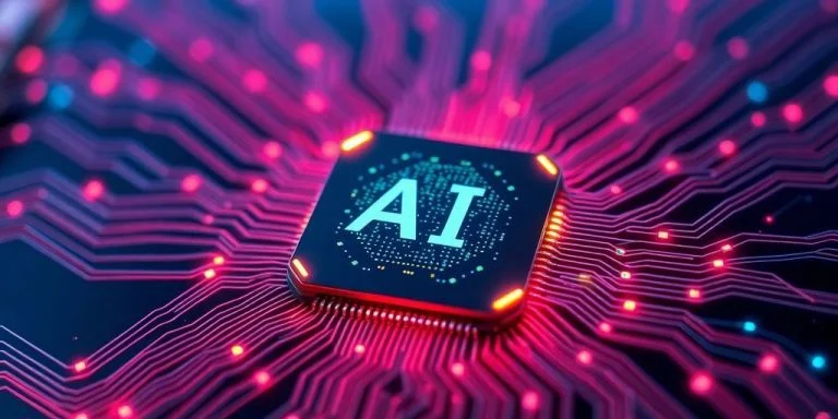 Futuristic AI chip with vibrant photonics circuit design.