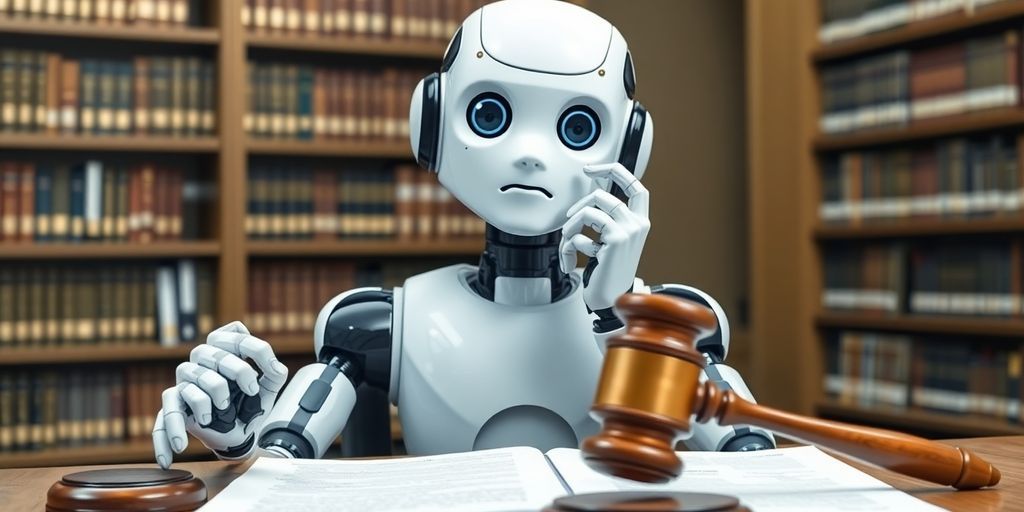 Robot contemplating law documents in a library setting.