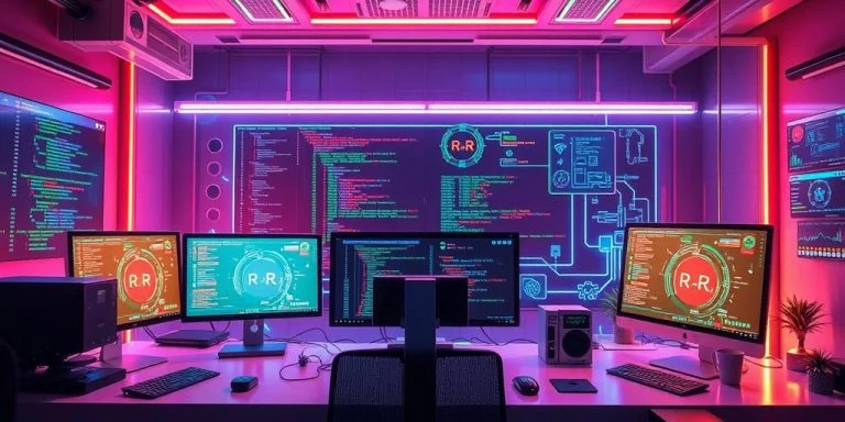 Futuristic workspace with advanced programming and IT tools.
