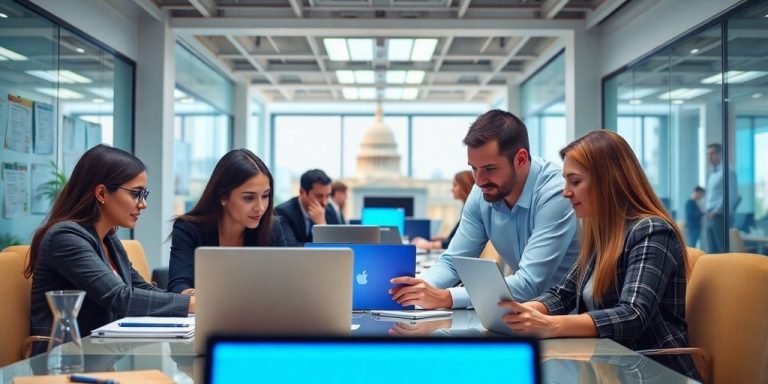 Government employees using technology for increased efficiency.