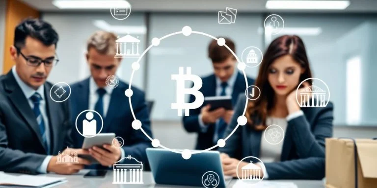 Government officials using digital devices with blockchain icons.