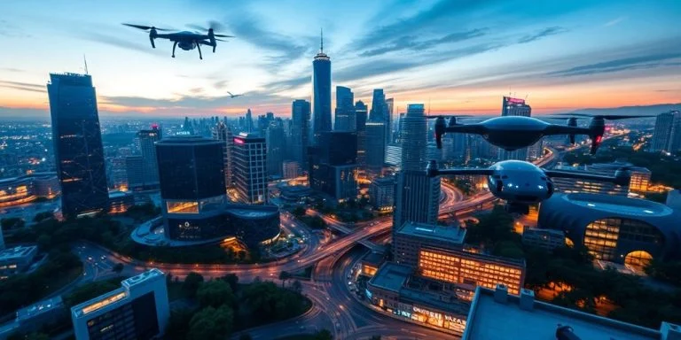 Futuristic city skyline with AI technologies at dusk.