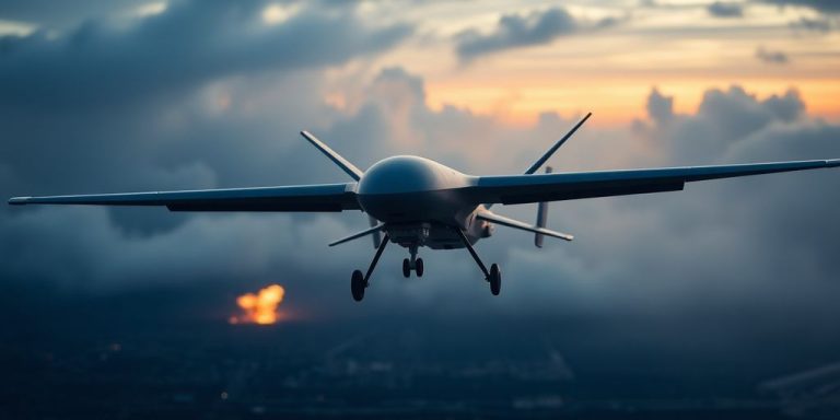 Drone flying over a battlefield with smoke and explosions.