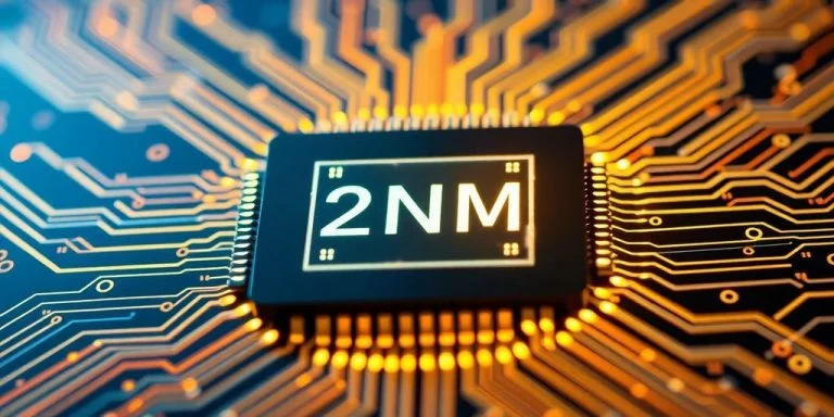Close-up of a 2nm microchip with circuit patterns.