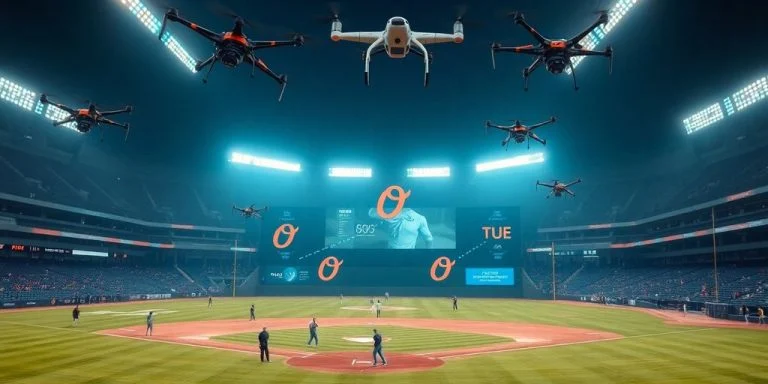 Baseball stadium with drones and technology capturing player data.