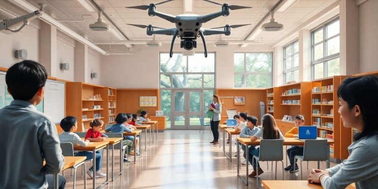 Futuristic classroom with AI tech ensuring student safety.