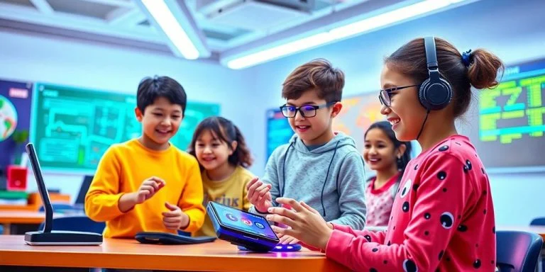 Students collaborating with AI technology in a modern classroom.