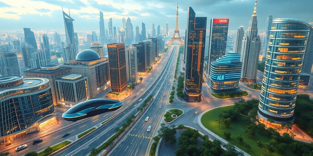 Futuristic city with flying vehicles and smart buildings.