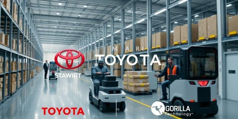 Modern warehouse with robots and Toyota branding.