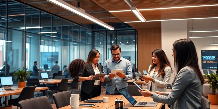 Professionals collaborating on AI integration in assurance technology.