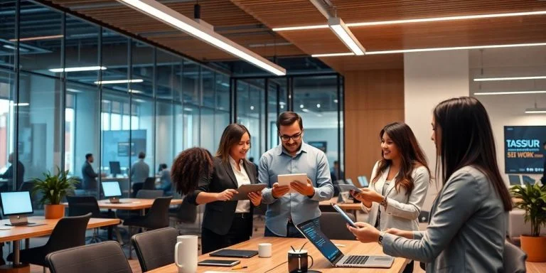 Professionals collaborating on AI integration in assurance technology.