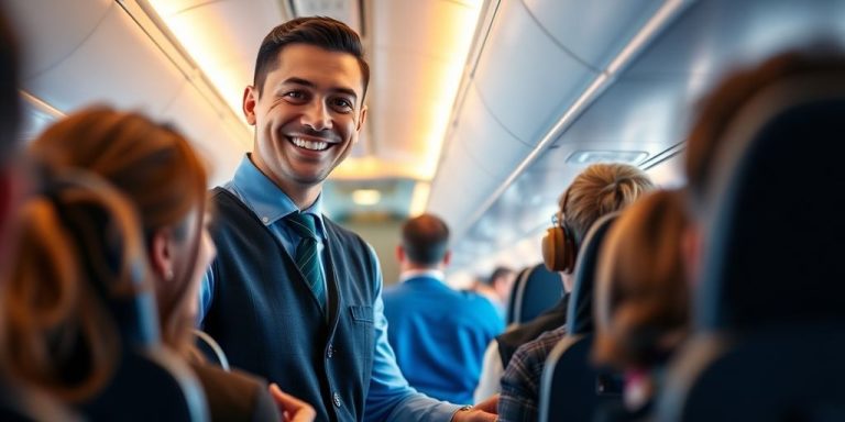 Airline steward assisting passengers on a flight.