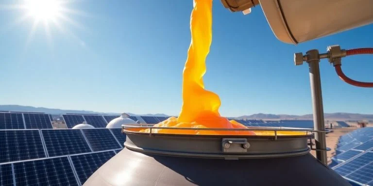 Molten salt storage tank with solar panels in background.