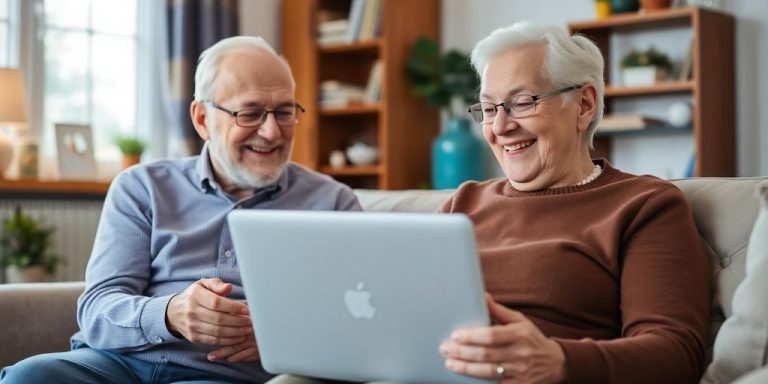 Elderly couple joyfully using a laptop at home.