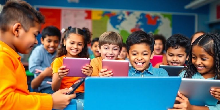 Students engaged in collaborative learning with technology in class.