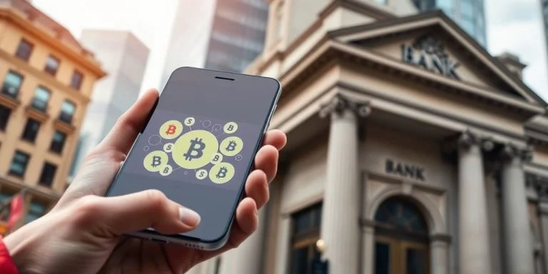 Hand with smartphone and traditional bank building background.