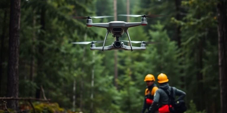 Drone flying over forest with rescue team below.